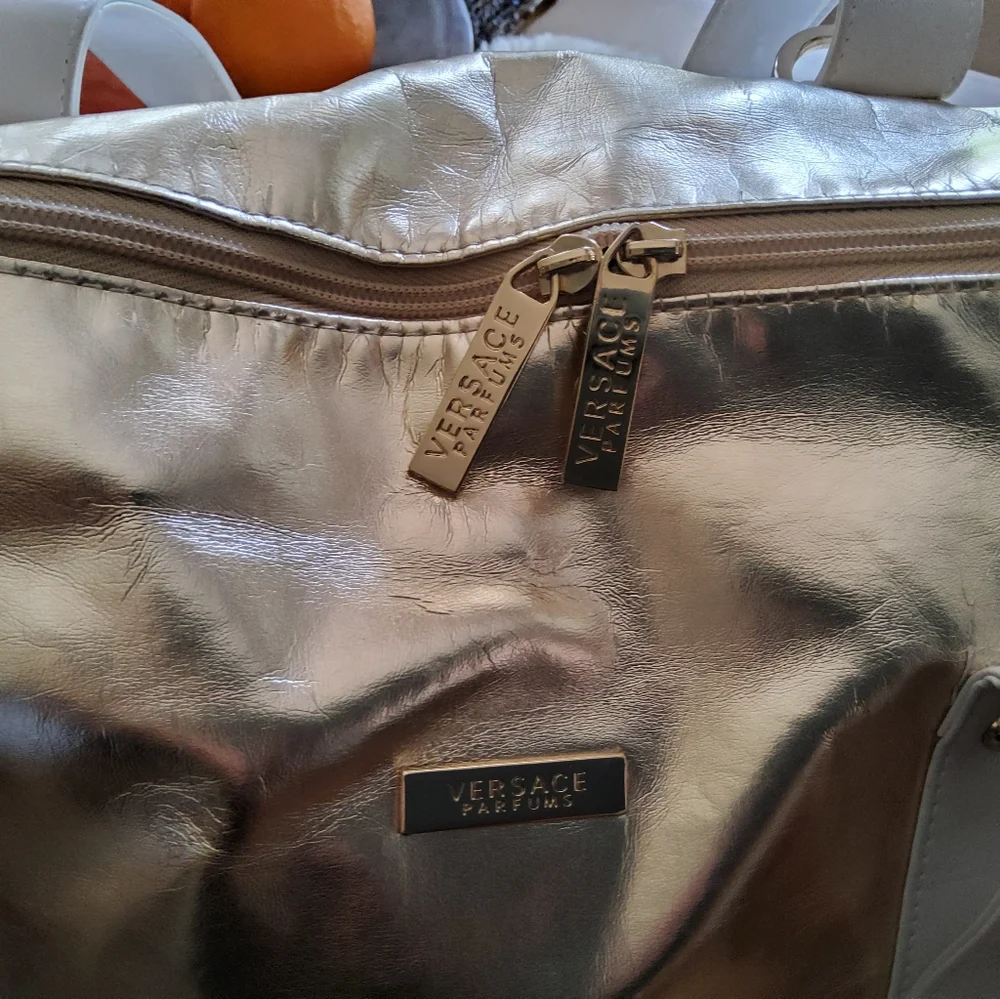 Versace Metallic Gold Duffel Bag with White Straps